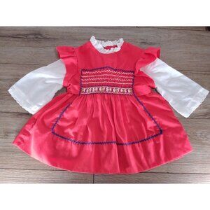 Vintage Polly Flinders Red Smocked Pinafore Long Sleeve Apron Dress Size 12